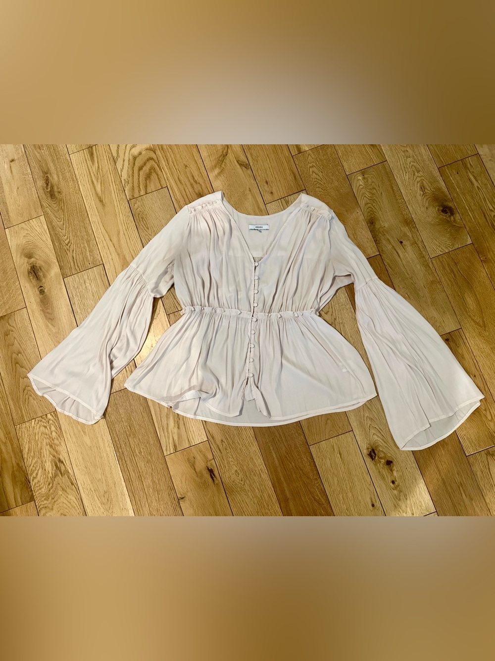 Ro & De Light Pink Flowy Button-Front Blouse with Bell Sleeves